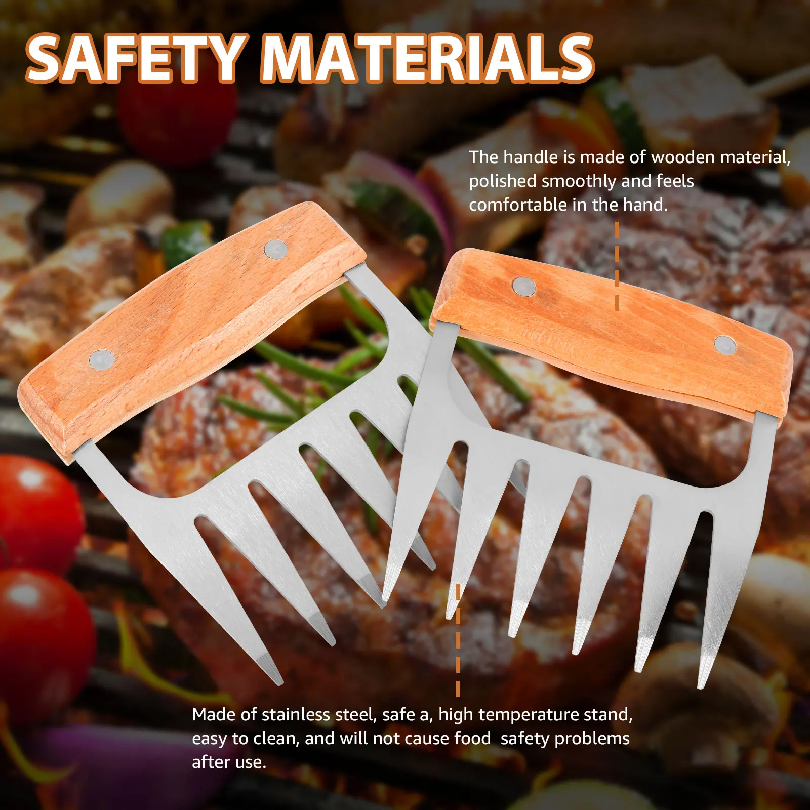 2Pcs Meat Shredder Claws Stainless Steel BBQ Meat Claws with Wood Handle Portable Efficient Pulled Pork Shredder Claws for Grill