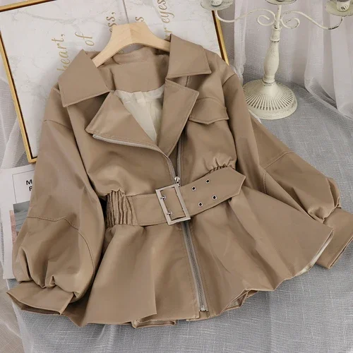 317961-8ef8d2.jpg S030770c1503f472f906b89cd53e6e36b4 Fall Women Leather Short Jacket Turn-Down Collar Korean Style Fashion Faux Leather PU Coat with Belt Slim Outwear Full Mallzona