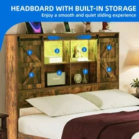 Farmhouse Queen Bed Frame With Bookcase Headboard & LED Lights, Storage Bed with Power Outlets, Rustic Brown 2