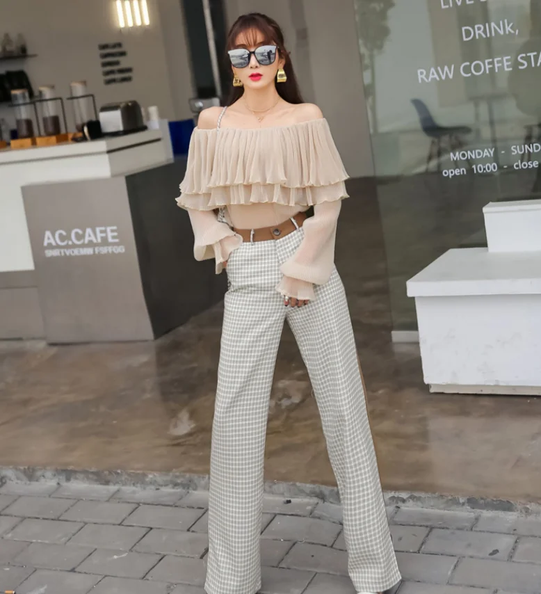 Plaid  long pants women high waist wide leg pants spring and summer new  printed casual pants champion sweatpants