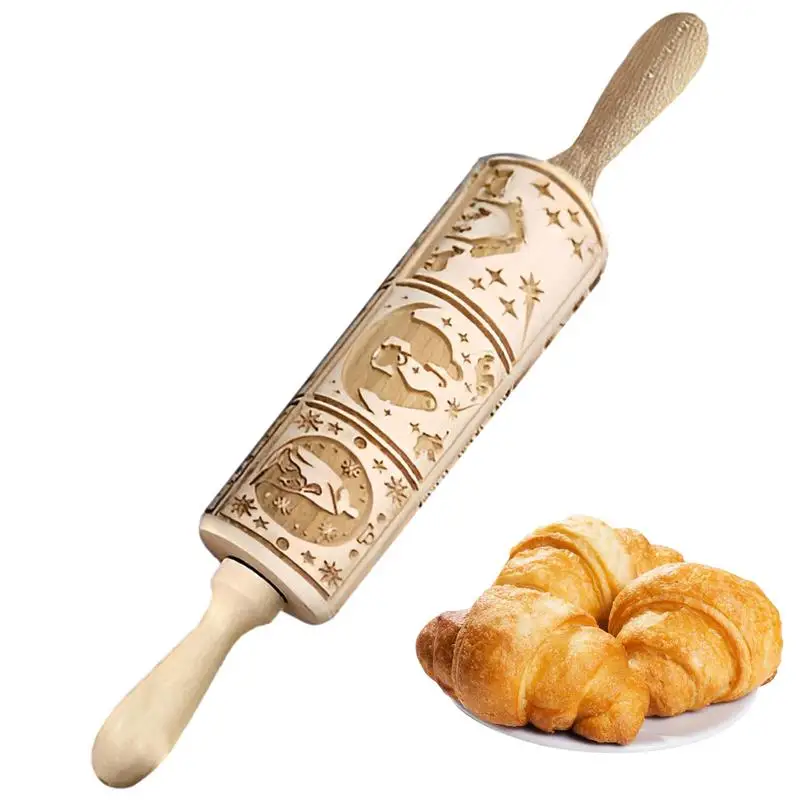 

Christmas Wooden Rolling Pin for Baking Christmas Nativity Pattern Embossed Rolling Pin Dough Roller for Baking Cookies tool