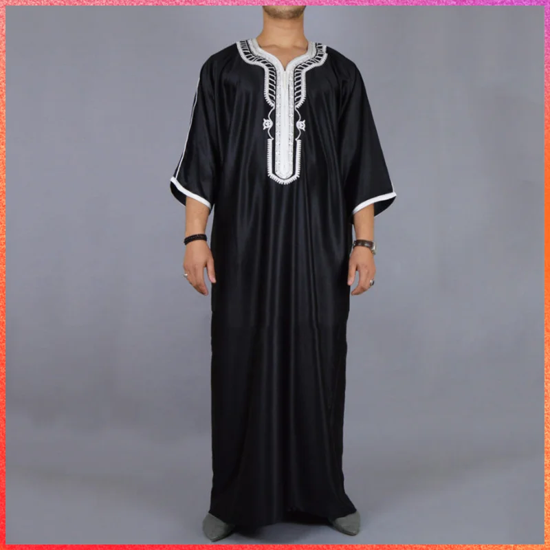 Men's 1PCS Long Black Muslim Clothing Dresses Abaya Mid Sleeve Arab Crew Neck Islamic Solid Color Kaftan Maxi Dubai