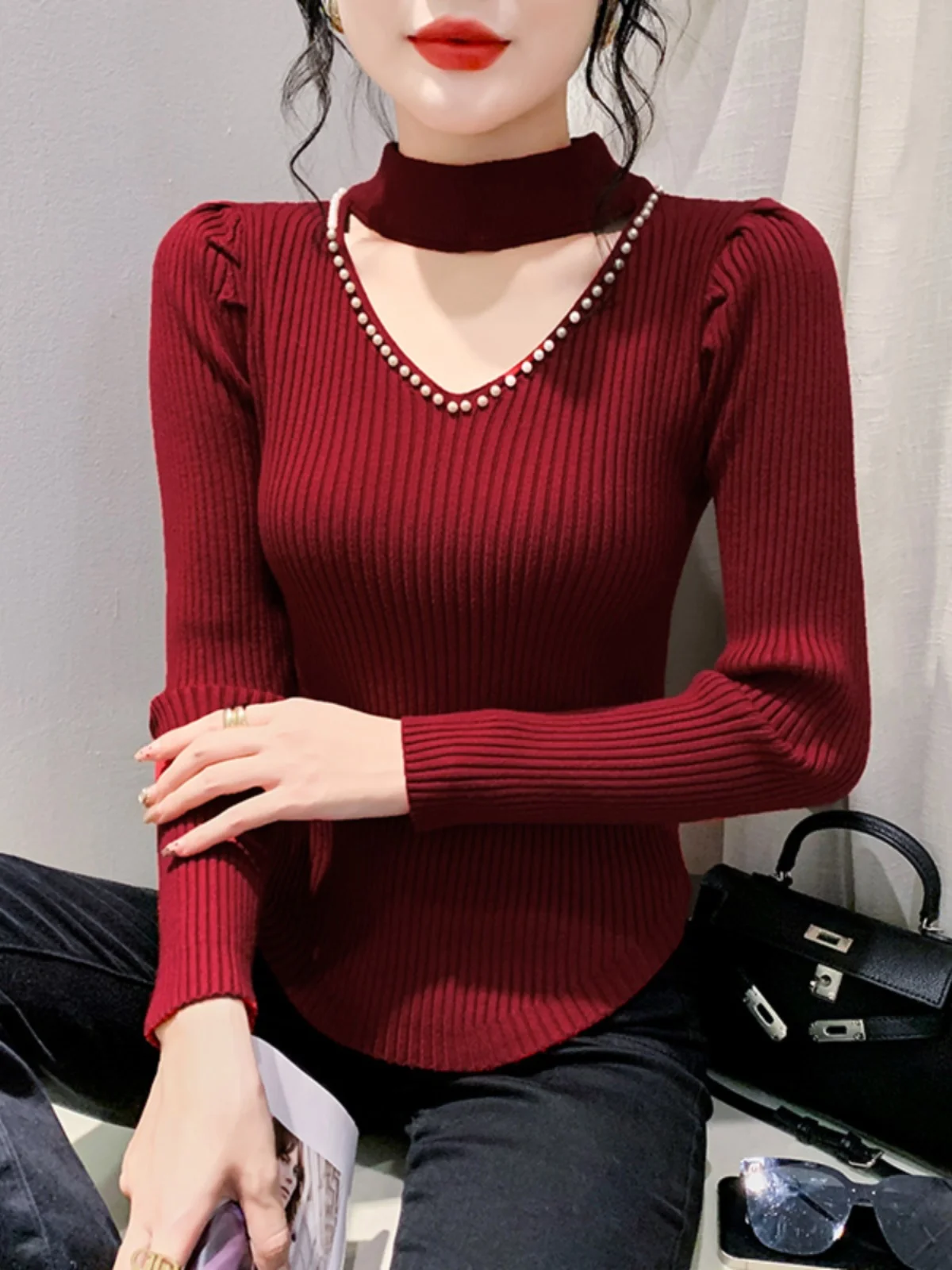 Beading V Neck Halter Pulovers Sweaters Women Long Sleeve Solid