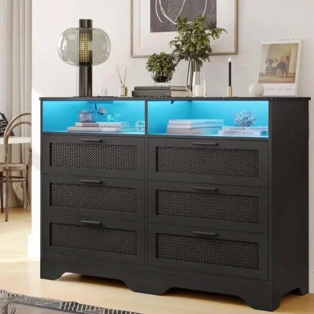 

Wide Dresser With 6 Drawers Charging Station LED Lights Storage Chest of Drawers Freight Free Makeup Vanity Vanity Desk