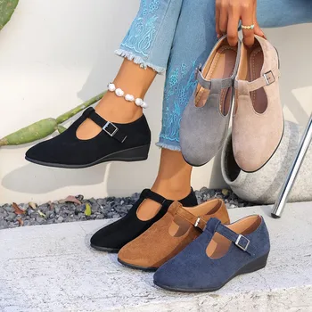 Comfortable T-Strap Mary Jane Wedges for Women, Suede Upper & Low Wedge Heel, Everyday Shoes
