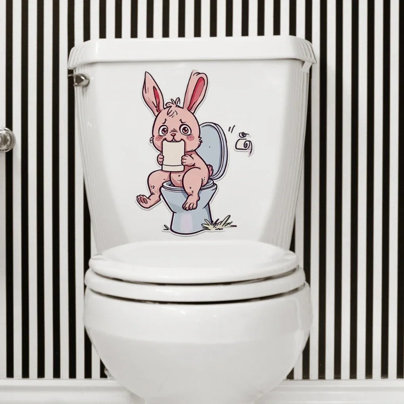 Cartoon Pink Rabbit Toilet Water Tank Toilet Stickers Home Decoration Wall Stickers Self-Adhesive Decor Decals Bathroom