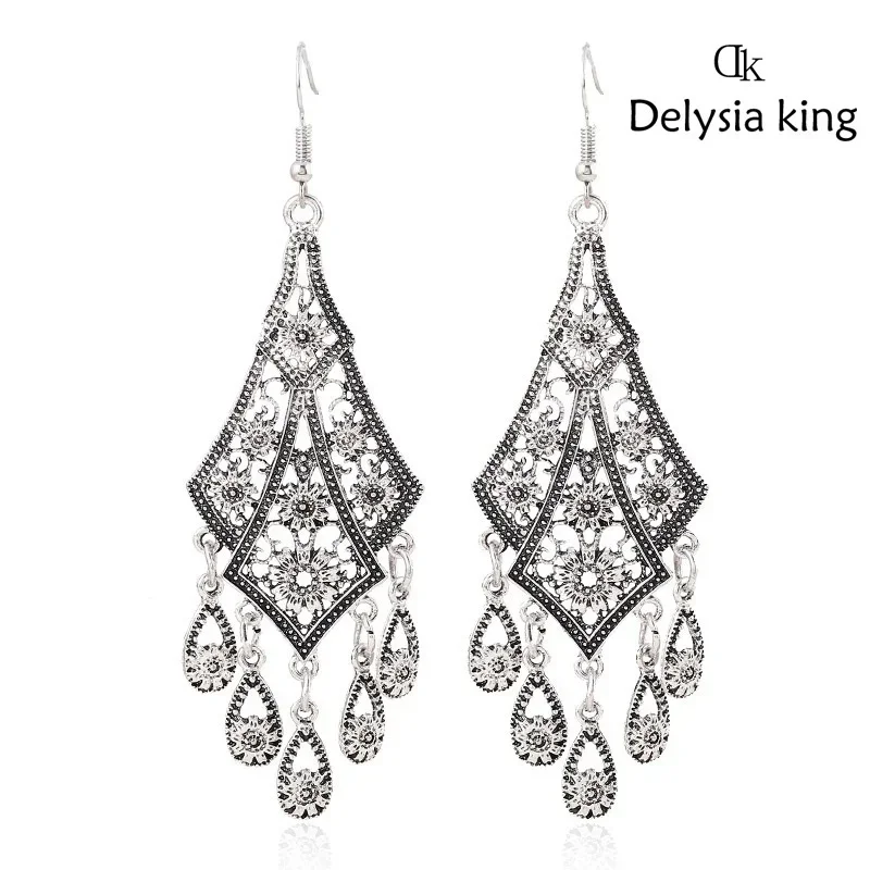 Delysia King Bohemian Retro Hollow Carved Flower Long Dangle Earring Ethnic Vintage Water Drop Tassel Earrings Indian Jewelry