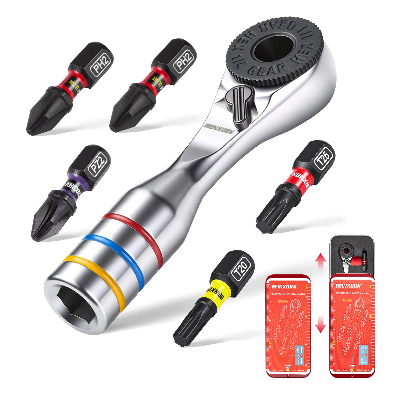 Geinxurn 6PCS Mini Ratchet Wrench Set,ULTRA TORQUE Bits with 1" PH2, PH2, PZ2, T20, T25, SQ2, Portable Iron Box