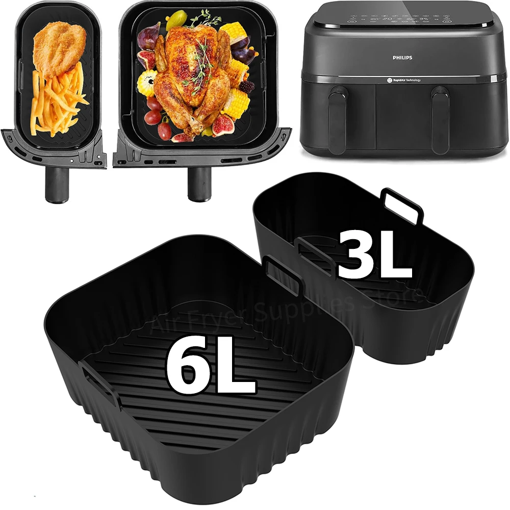Rivestimenti In Silicone Per Friggitrice Ad Aria Philips Airfryer Doppio Cestello Serie 3000 (6L+3L) - Fodere Riutilizzabili Antiaderenti, Prive Di BPA, Per NA350/00 - 2