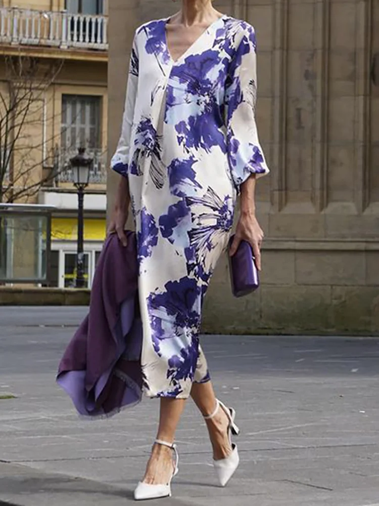 

Spring Summer Women Loose Patchwork Holiday Dress, New Printing Elegant Fashion Maxi Dress, 2024 Long Sleeve V-Neck Ladies Dress