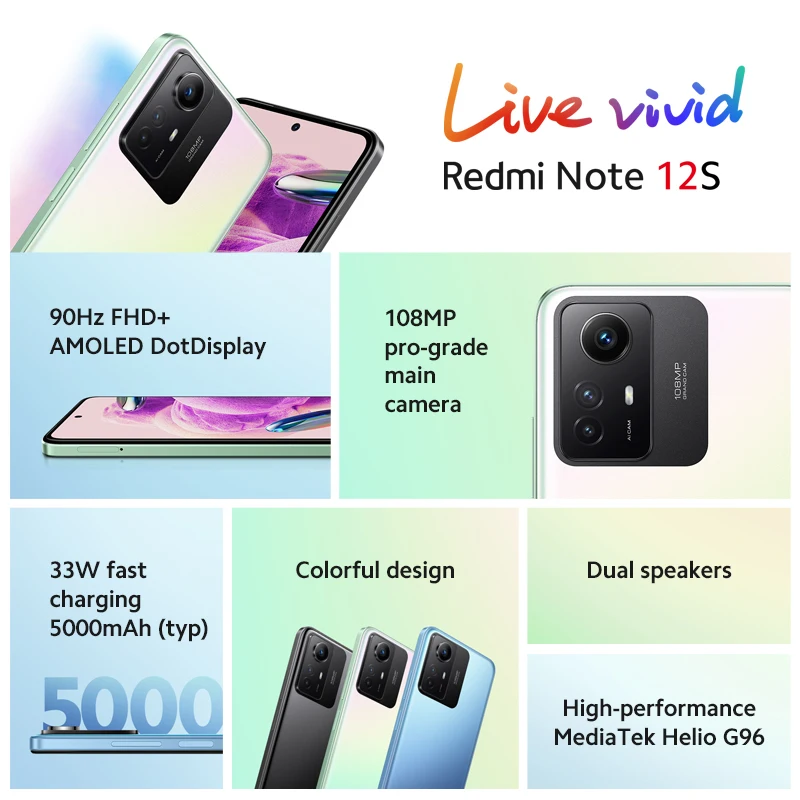 Global Version Xiaomi Redmi Note 12S Smartphone 108MP Camera 90Hz AMOLED  DotDisplay Helio G96 33W 5000mAh Note 12 S Mobile Phone