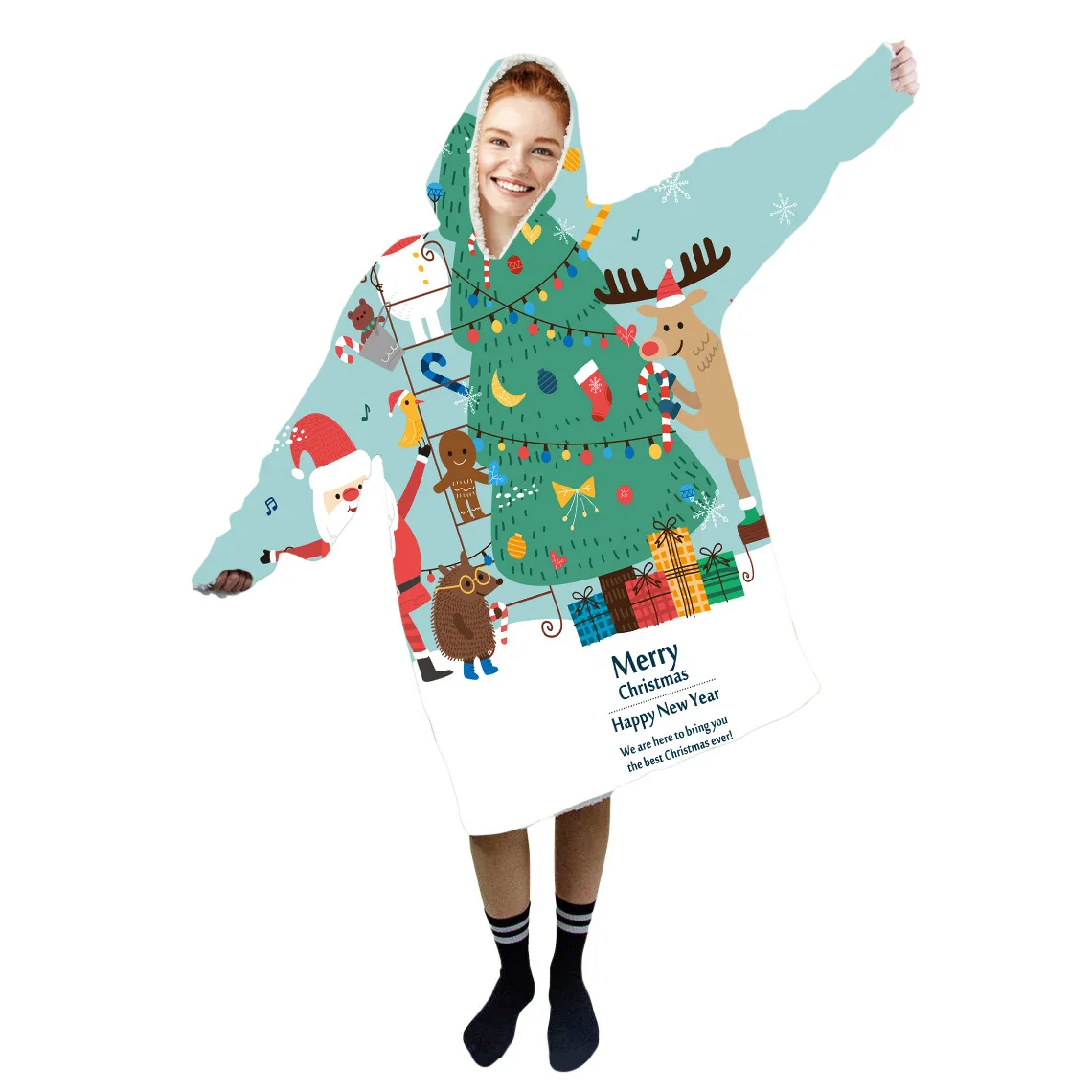 

Christmas Decoration Hooded Blanket For Kids Adults Pullover With Sleeves Thick Plush Warm Lazy TV Blanket Throw Coat