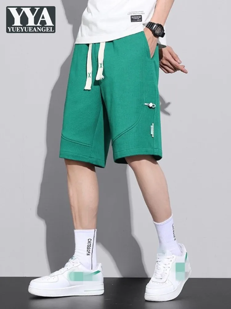

Summer Shorts Casual Sweatpants Men Drawstring Loose Fit Solid Color Straight Knee Length Trousers Fitness Jogging Shorts Male
