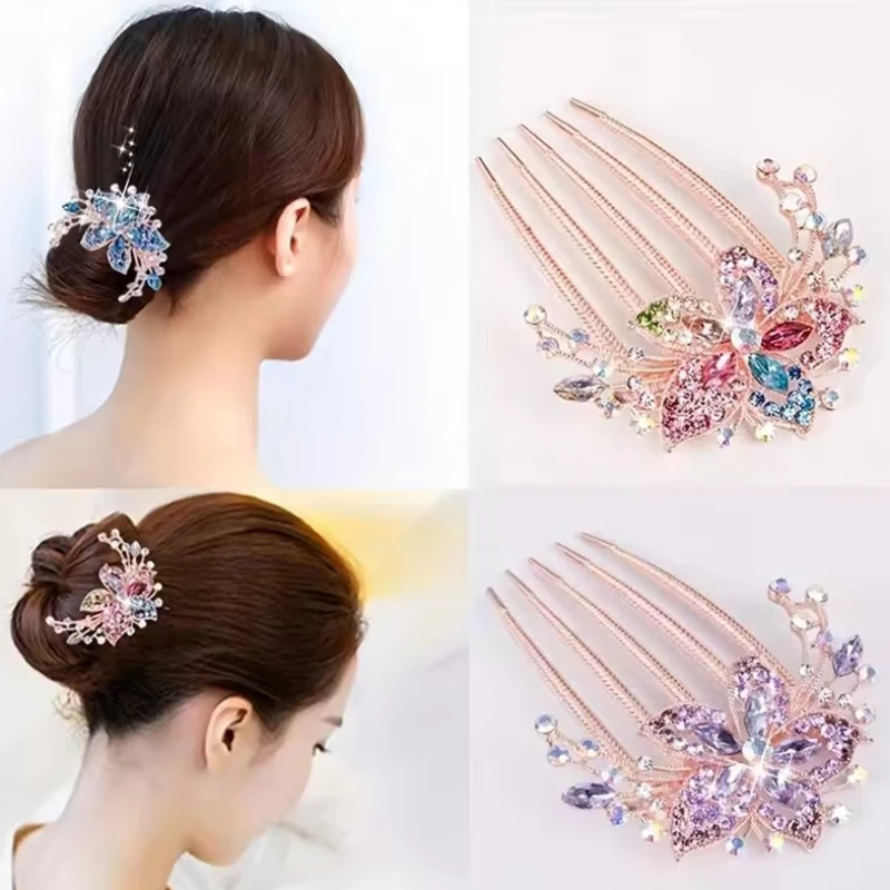 Fashion Flower Crystal Hairclips Rhinestone Hair Combs Plastic Shiny Hairpins for Women Hair Accessories Gift