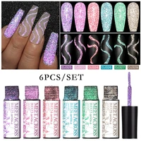 MEET ACROSS 6Pcs/Set Sparkly Reflective Line Gel Nail Polish Glitter Superflash Nail Art Liner Gel DIY Painting Drawing Gel Kit 1