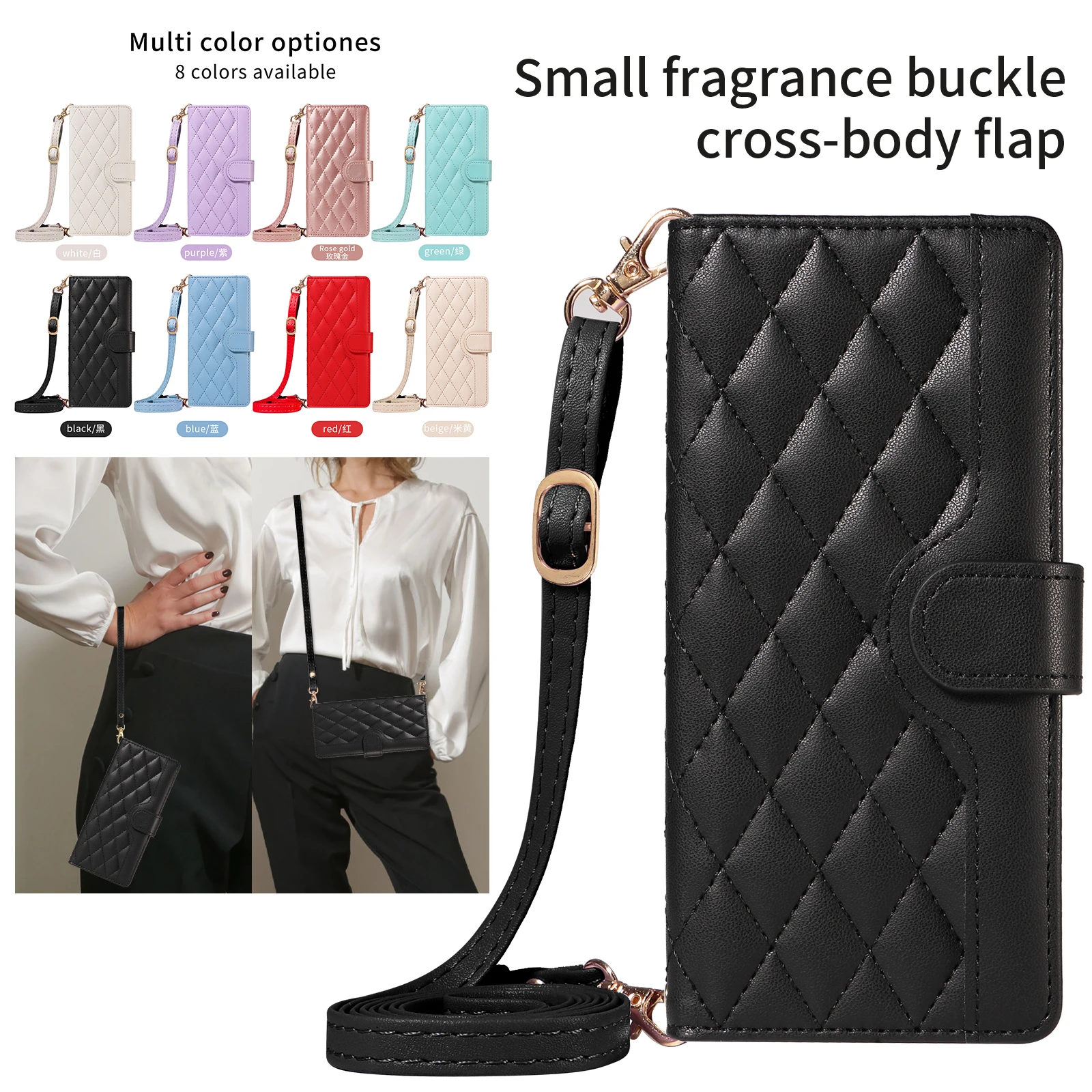 Leather Wallet Card Phone Case with Lanyard - Crossbody Purse Flip Cover