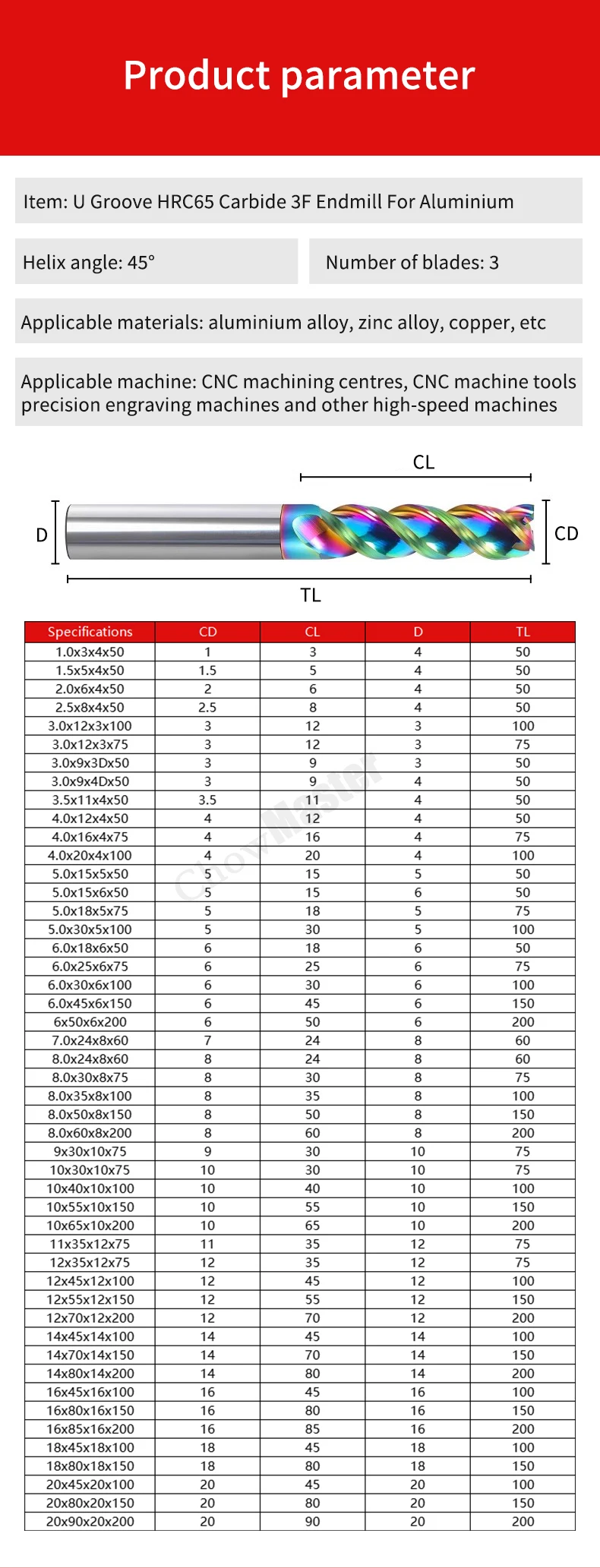 U Slot Carbide Endmill HRC65 3 Flute DLC Coating Tungsten Steen Milling Cutter 4mm 6mm 8mm 10mm 12mm CNC Tools for Aluminum