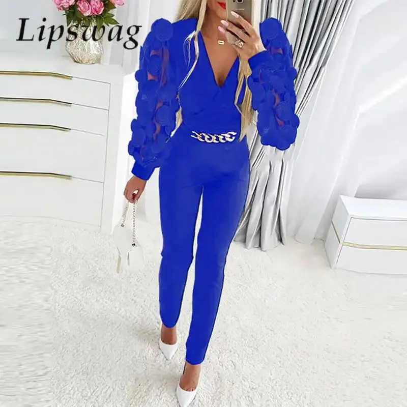 

2024 Sexy Deep V Neck Solid Jumpsuit Women Elegant Mesh Dot Long Sleeve Romper Fashion Casual Lady Pencil Pant Overalls Playsuit