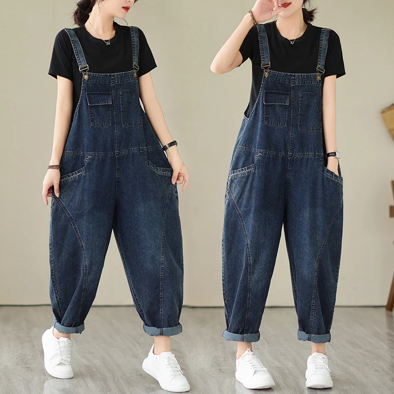 6223 Spring Fall Fashion Women's Multi Pocket Cargo Suspender Female Vintage Patchwork Blue Denim Overalls Casual Loose Jumpsuit 1