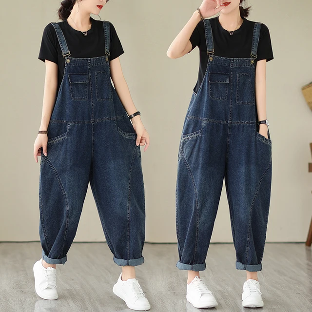 6223 Spring Fall Fashion Women's Multi Pocket Cargo Suspender Female Vintage Patchwork Blue Denim Overalls Casual Loose Jumpsuit 1