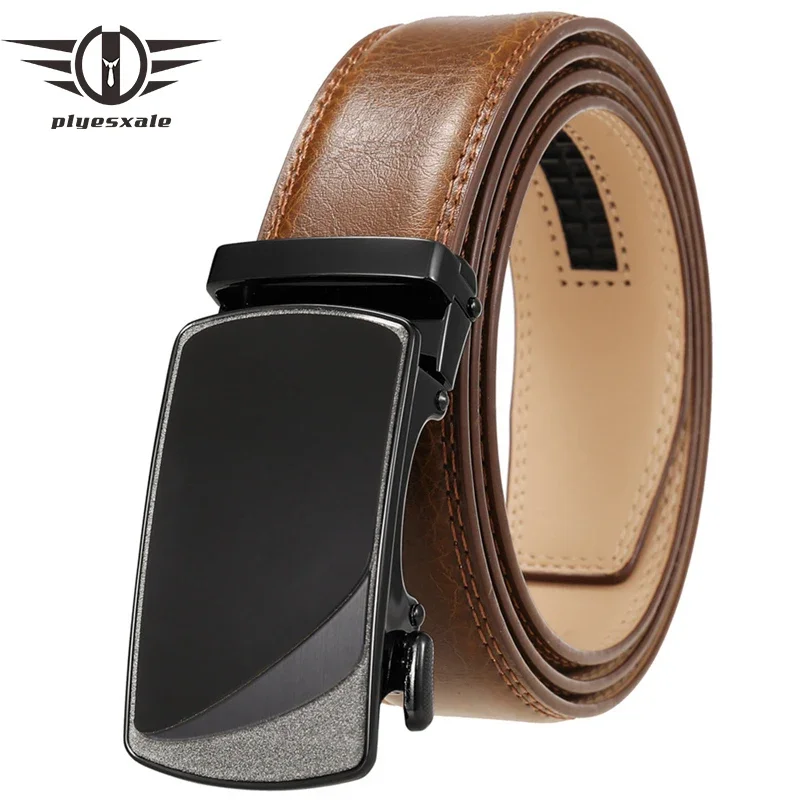 

Ремень мужской Plyesxale из натуральной кожи, с автоматической пряжкой, черный, красный, коричневый, из воловьей кожи, B747