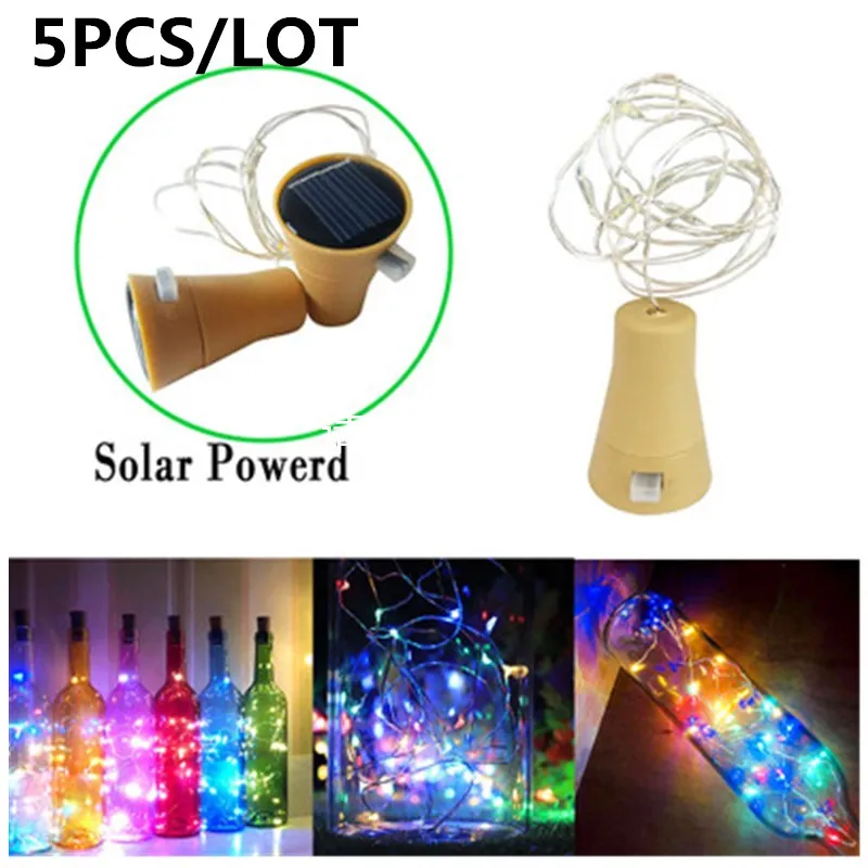 

5PCS/LOT 1M/2M Solar LED Cork Wine Bottle Stopper String Light 10/20LEDS Silver Copper Wire Fairy Garland Outdoor Party Decor