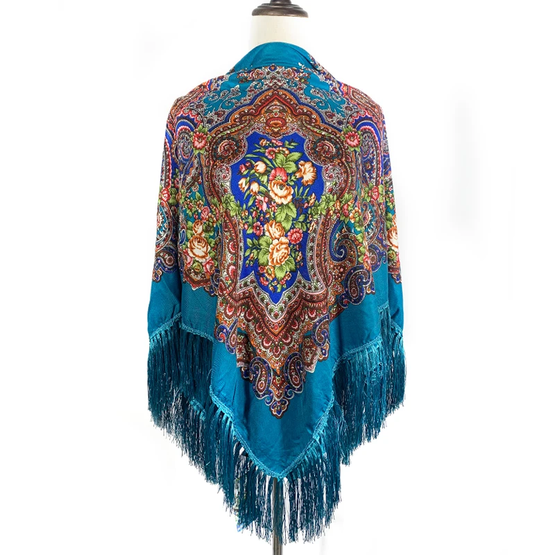 

135*135cm Women Russian Shawl Square Scarf Ethnic Style Floral Printed Fringed Scarves Babushka Handkerchief Head Wraps
