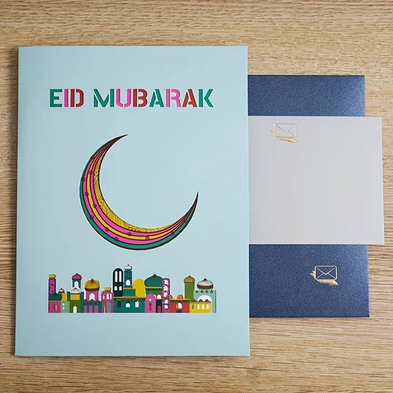 3D Muslim mosque three-dimensional greeting card Festival Moon Eid handmade paper carved card Eid Ramadan greeting envelope
