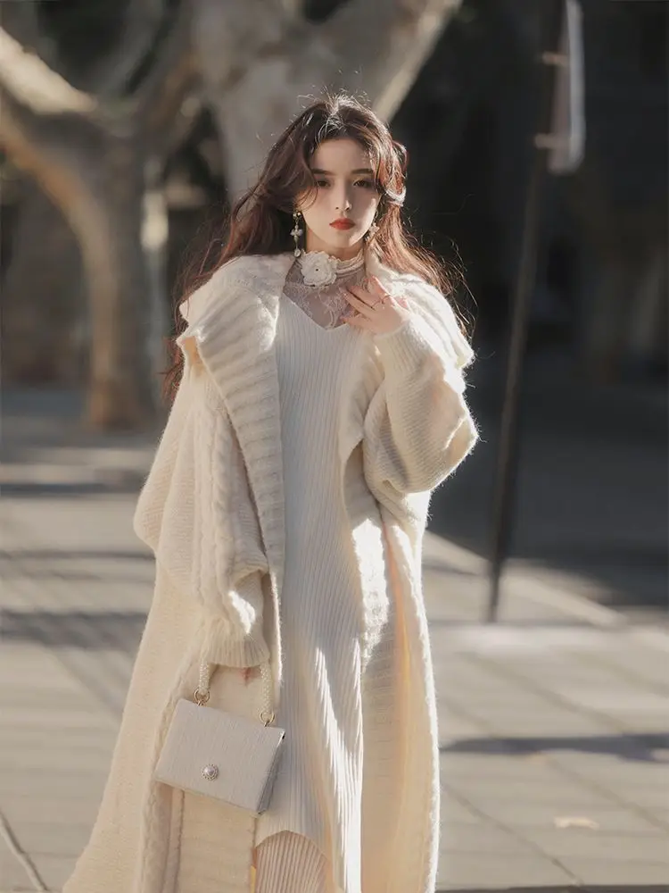 French Retro Lapel Long Sweater Knitted Cardigan Loose Versatile Lazy Wind Knitted Coat Fall and Winter New Long Cardigan Women