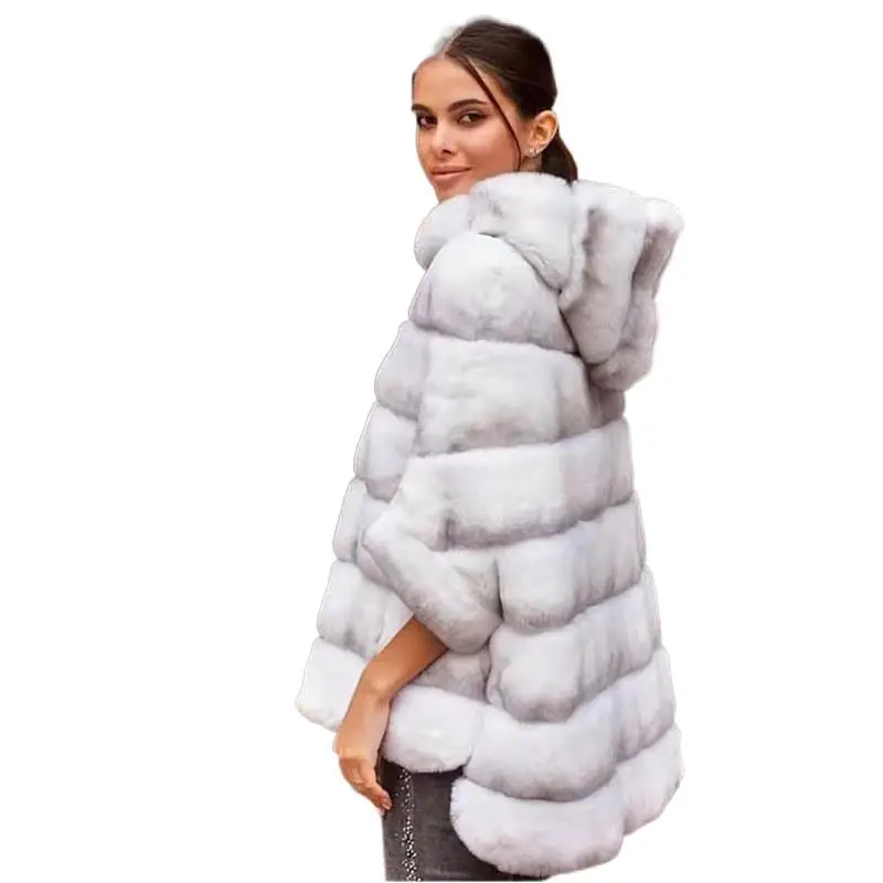 Real Rex Rabbit Fur Hooded Coat For Women Winter Plus Size Genuine ...