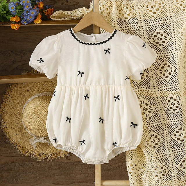 Summer Baby Party Princess Romper Puff Sleeve Children Clothes Infant Baby Girl Bodysuits Cotton Bow Embroidery Climbing Suit 1