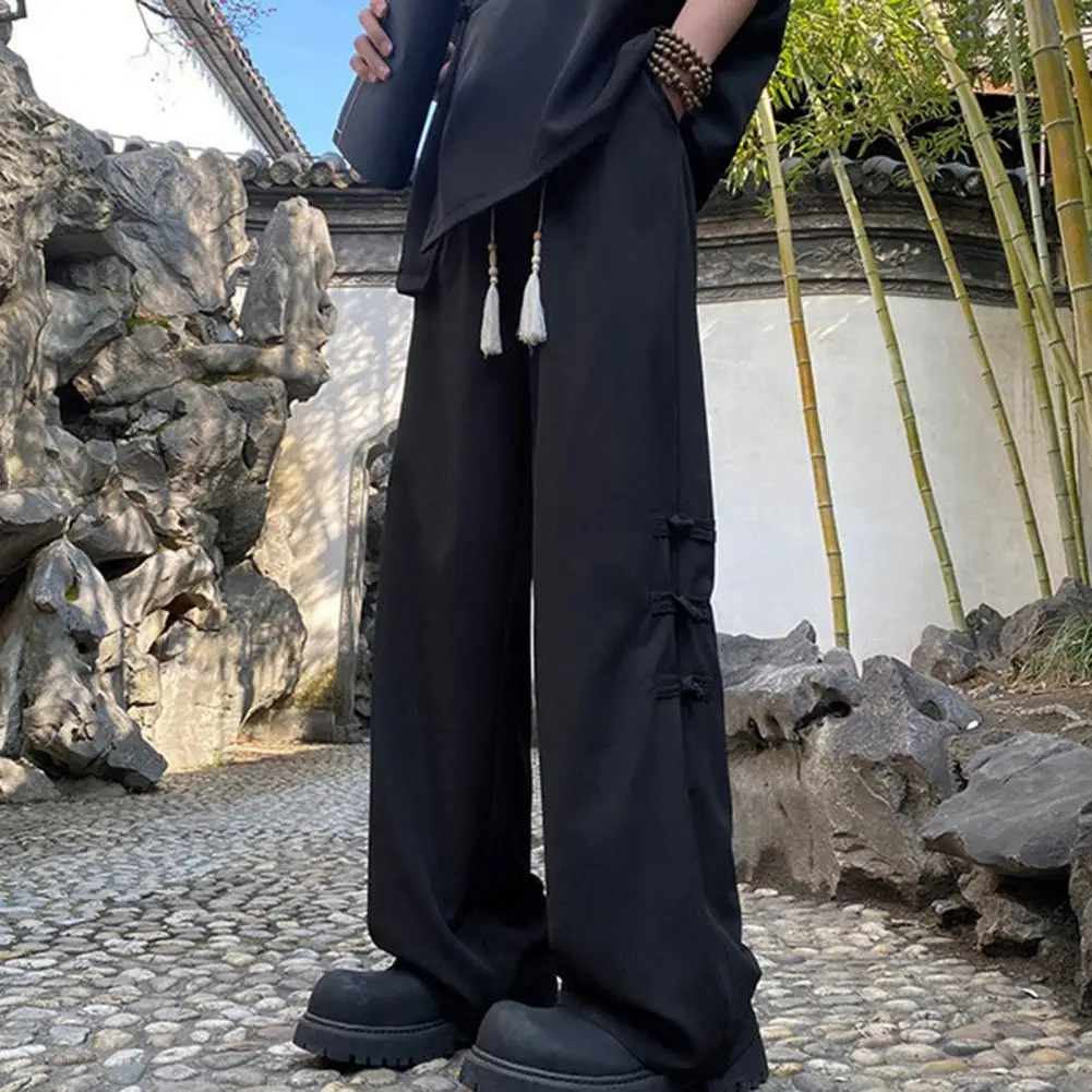 Description Picture 4 of itemChinese-style Strap Trousers Chinese Style Men's Tassel Knot Drawstring Pants with Wide Leg Elastic Waist Retro Inspired Solid