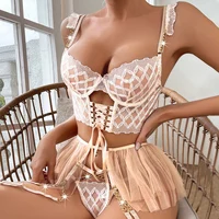 2024 Hot Sales New Fashion Diamond Lattice Embroidery Sexy Women'S Underwear Three-Piece Strappy Mesh Tutu Erotic Bra Thong Set 4