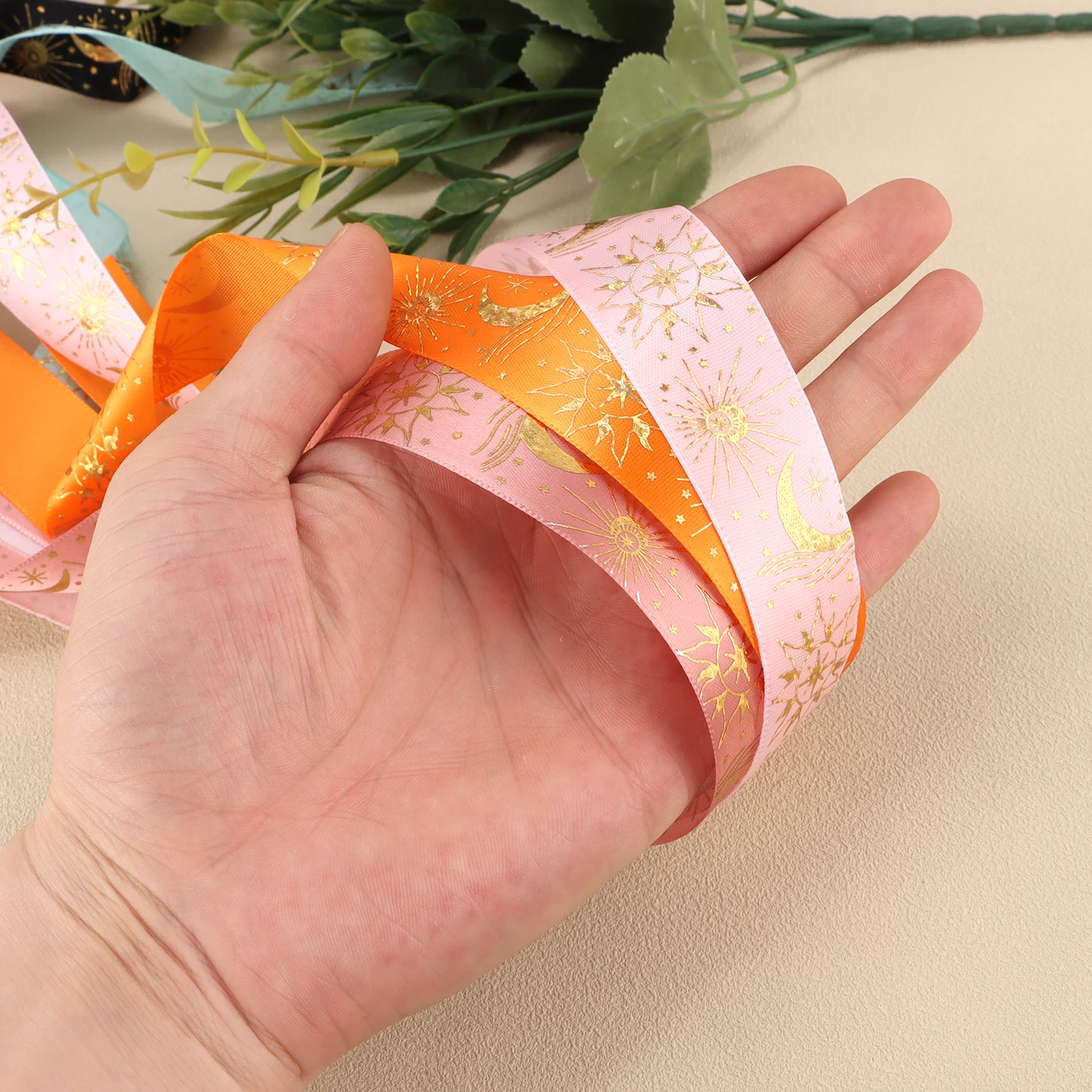 25mm 핫 스탬핑 스타 문 새틴 리본 5 야드 크리스마스 웨딩 DIY 수공예품 선물 포장