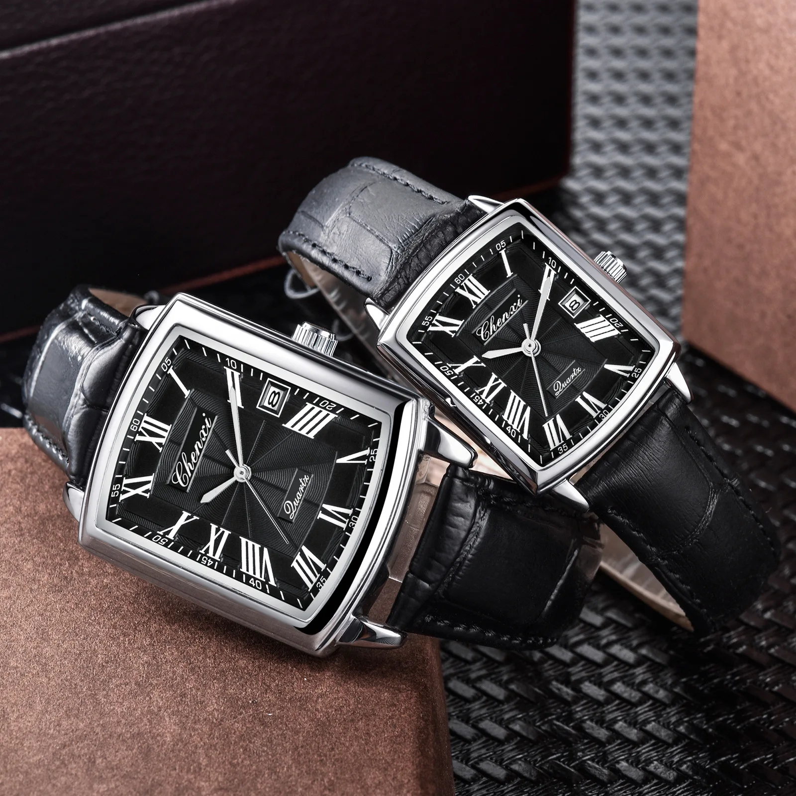 CHENXI 079A Fashion Couple Quartz Watch Elegant Square Dial Waterproof Calendar Leather Strap Men's and Women's Date Watch Gift