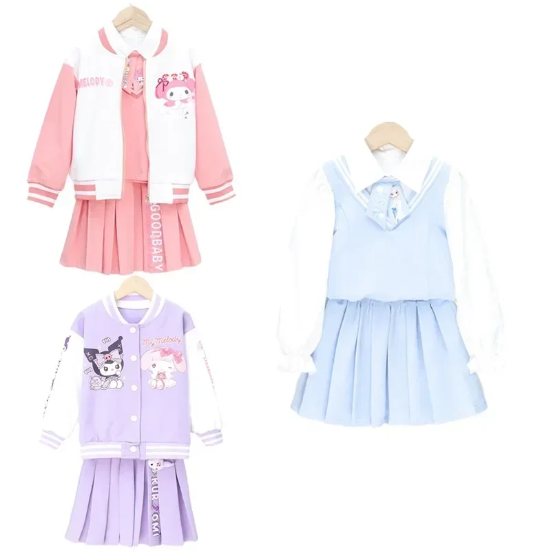 

Sanrios Cute Kuromi My Melody Cinnamoroll Children's Fashion Casual Baseball Jacket JK Skirt Kawaii Academy Style Uniform Set