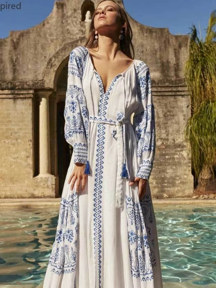

Super Chic white embroidery boho dress belted cotton women dress new ukraine dress v-neck tassle white dress female summer dress