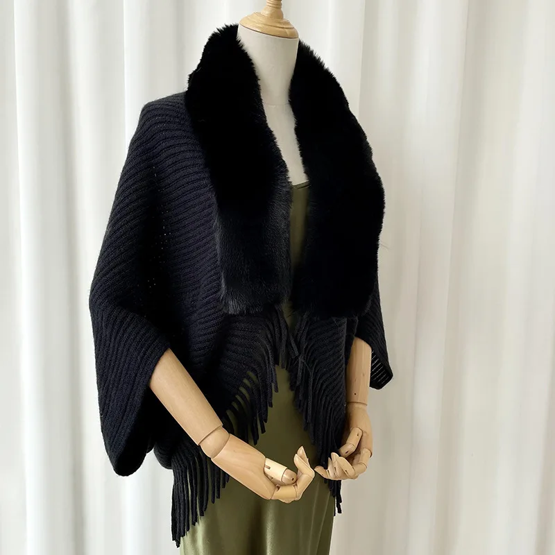 Winter Warm Tassel Shawl Wraps Women Imitation Cashmere Shawl Scarf Lady Elegant Faux Fur Collar Capes Cloak Poncho Tops