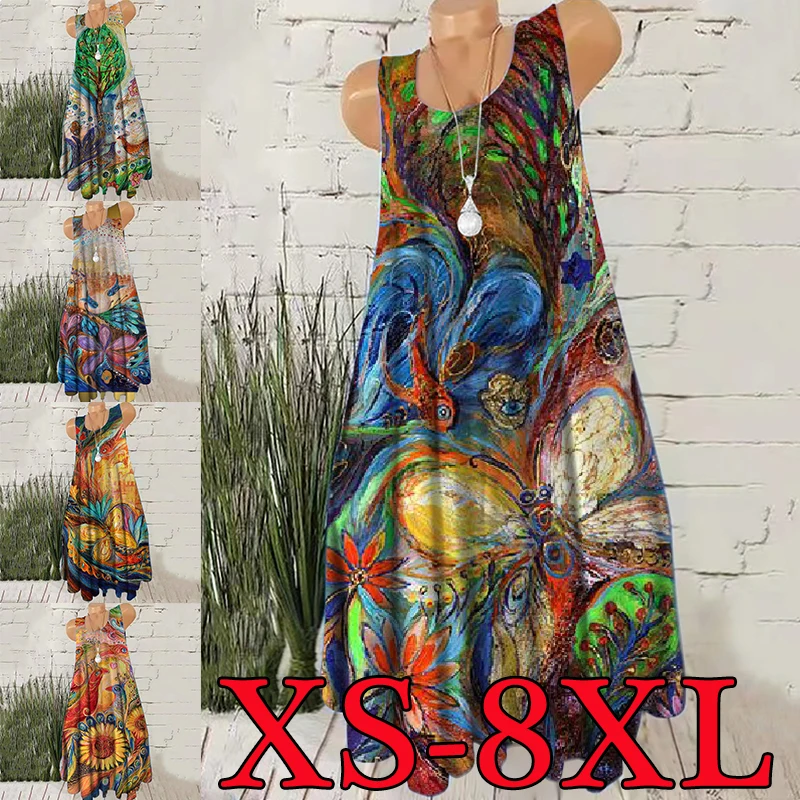 

Women's Elegant Summer O-Neck Print Sleeveless Sexy Dress XS-8XL