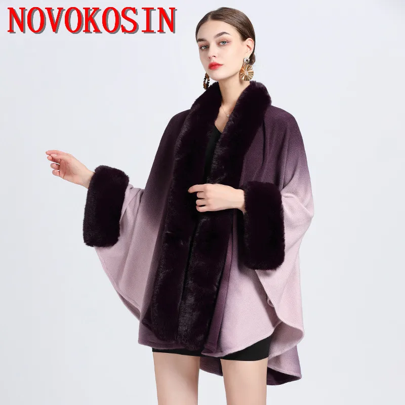 6 Colors Gradient Long Sleeves Poncho Capes Women Overcoat Cloak Winter Big Pendulum Faux Rabbit Fur Collar Cardigan Loose Wear