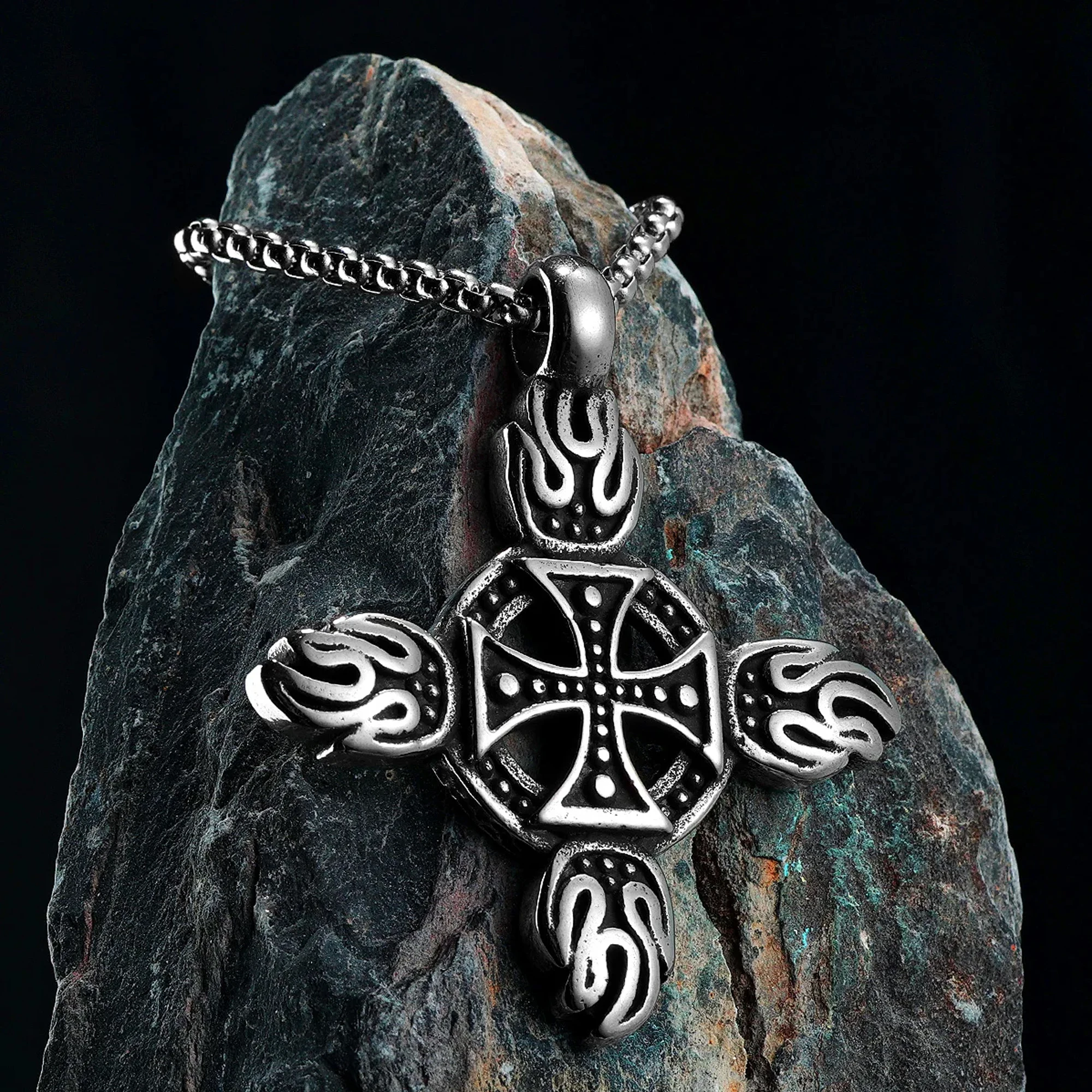 Stainless Steel Punk Rock Hip Hop Flaming Cross Pendant Men's Chain Necklace Christmas Gift