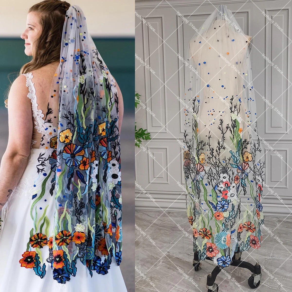 1.2 Meter Fantasy Colorful Embroidery Bridal Veils with Comb Fingertip Length Waterfall Customized Wedding Headpiece Veil