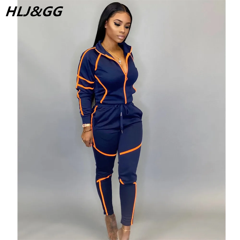 HLJ&GG Fashion Sport Patchwork Two Piece Sets Women Zipper Long Sleeve Coat + Jogger Pants Tracksuits Casual Solid 2pcs Outfits