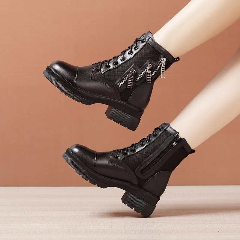 High quality mid calf leather boots for women 5cm mid heel platform round tone 2023 autumn winter elegant 35 39 40 shoe - black