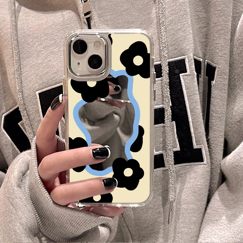 Floral Design Shockproof Makeup Mirror Phone Case - Soft TPU Silicone Cover