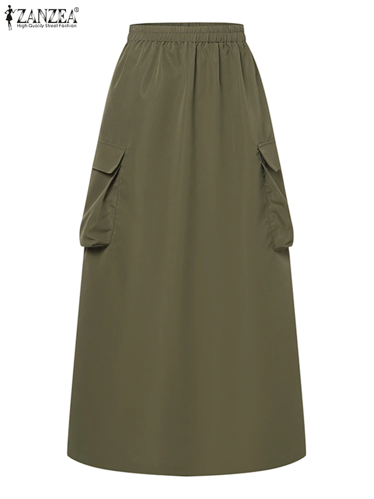 ZANZEA-Jupe Longue Cargo Vintage pour Femme, Tenue Élégante de Bureau, Grandes Poches, Taille artificiel astique, Streetwear, Automne 2024