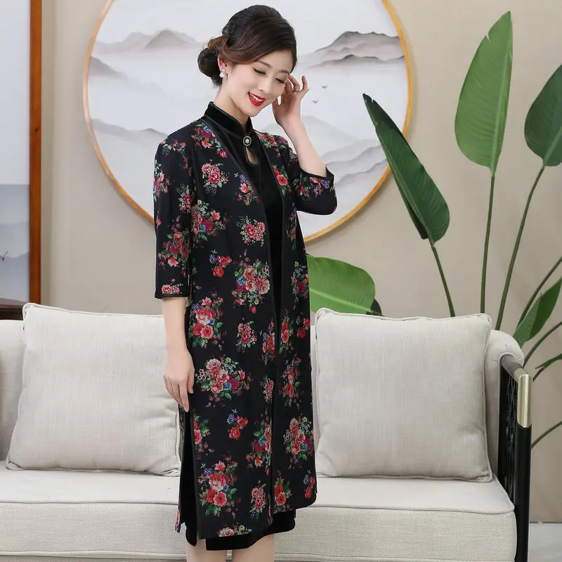 Oriental Style Women Black Flower Outerwear Side Splite Half Sleeve Knee Length Clothes Chinese Traditional Garment Lady Attire
