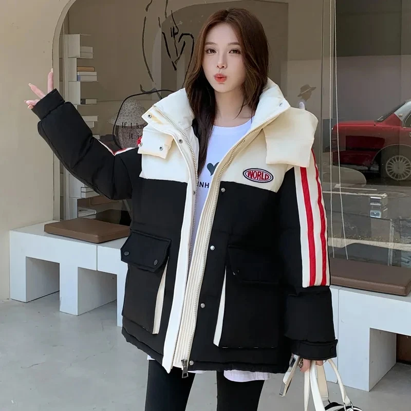 

Korean Loose Hooded Down Jacket for Women, Stitching Warm Parker Coat, Cotton-Padded Jacket, Female Overcoat, New, Winter, 2023