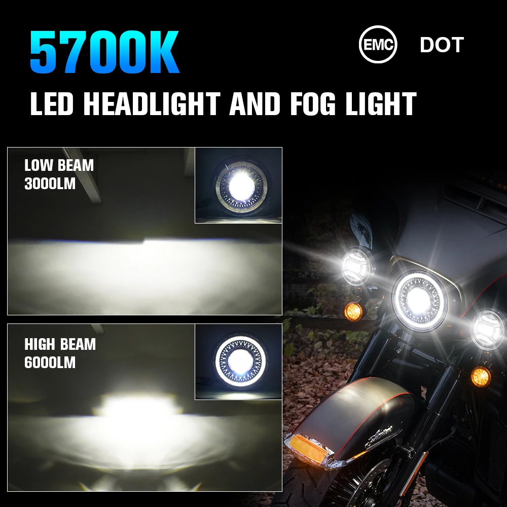 Kit Phare LED 7" + 2 Antibrouillards 4,5" Pour Harley Touring - Chrome - Certifié DOT/SAE