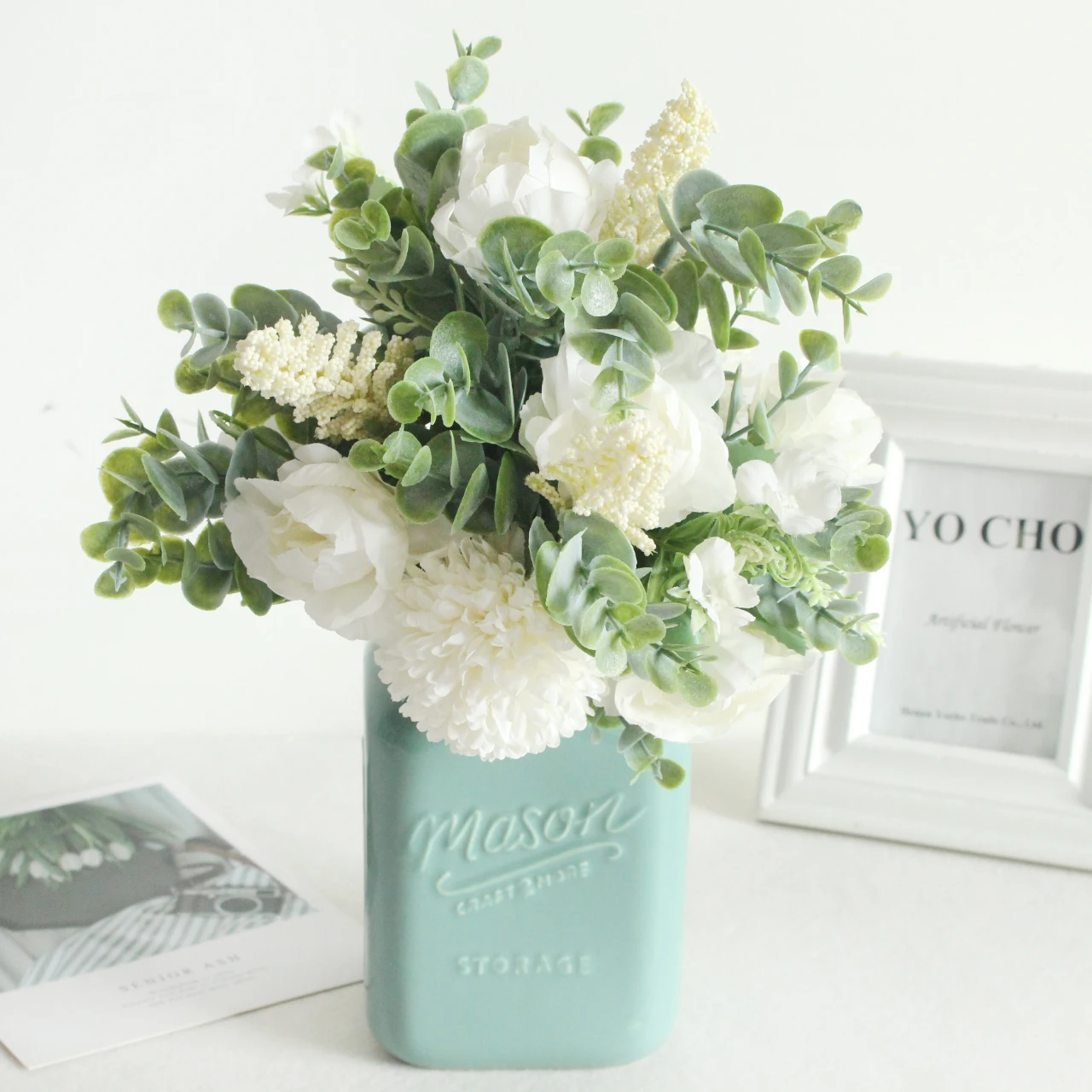 Pfingstrose Rose künstliche Blumen Hochzeit Dekor Eukalyptus Braut hält Blumenstrauß Weihnachtsfeier arrangieren Seide Kunststoff gefälschte Blumen – Detail 3